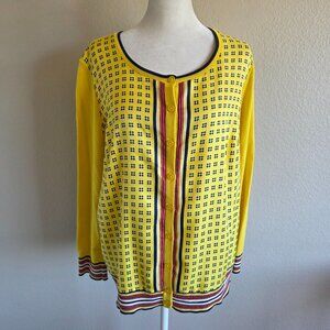 Talbots Woman Size 1X p Cardigan Yellow Geometric Print Mixed Media Lightweight